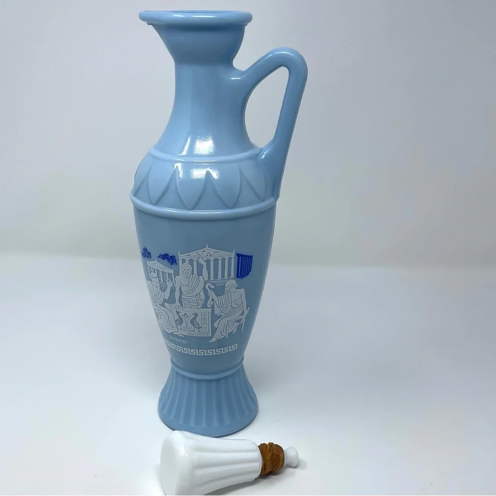 Jim Beam Blue Milk Glass Whiskey Decanter Grecian Scene 1961 Vintage